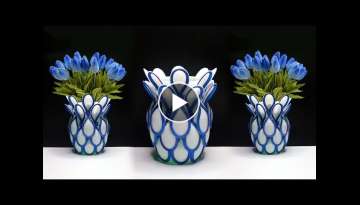 Plastic Spoon flower vase | Best out of waste | Ide kreatif sendok plastik | plastic spoon craft ...