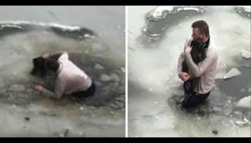 Man jumps into icy water to save dog from drowning in park Man jumps into icy water to save dog from drowning in park