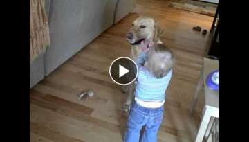 Dog teaches baby to Jump!